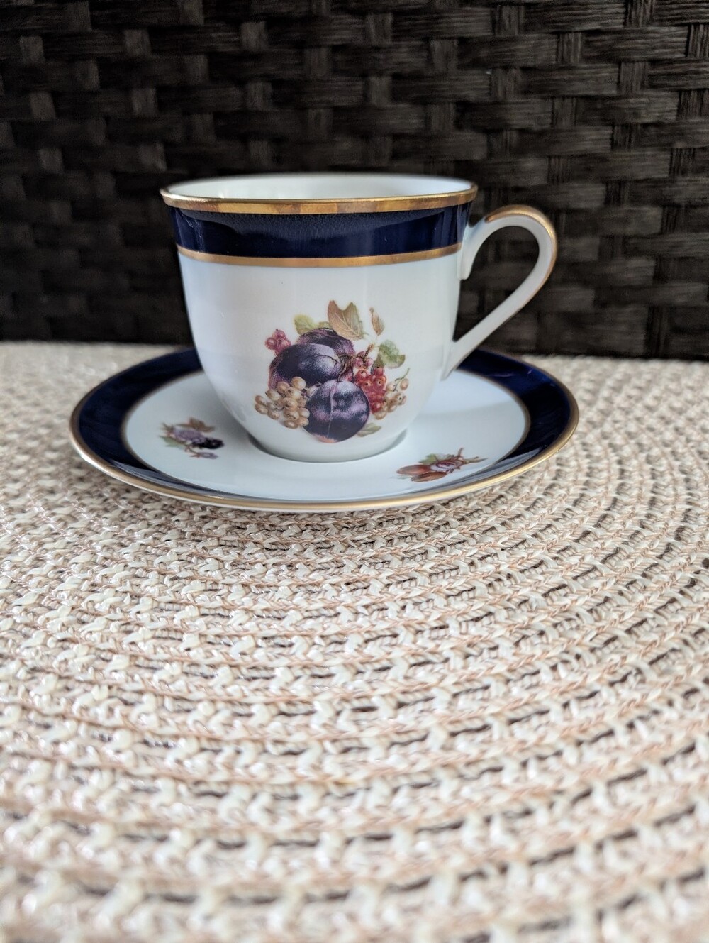 Vintage Schumann Arzberg Bountiful Cobalt & Gold Fruit Teacup & Saucer Set